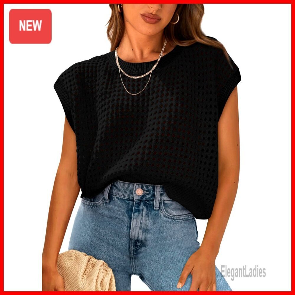 Crochet Cap Sleeve Pullover Sweater, Loose Fit Summer Top, 100% Cotton